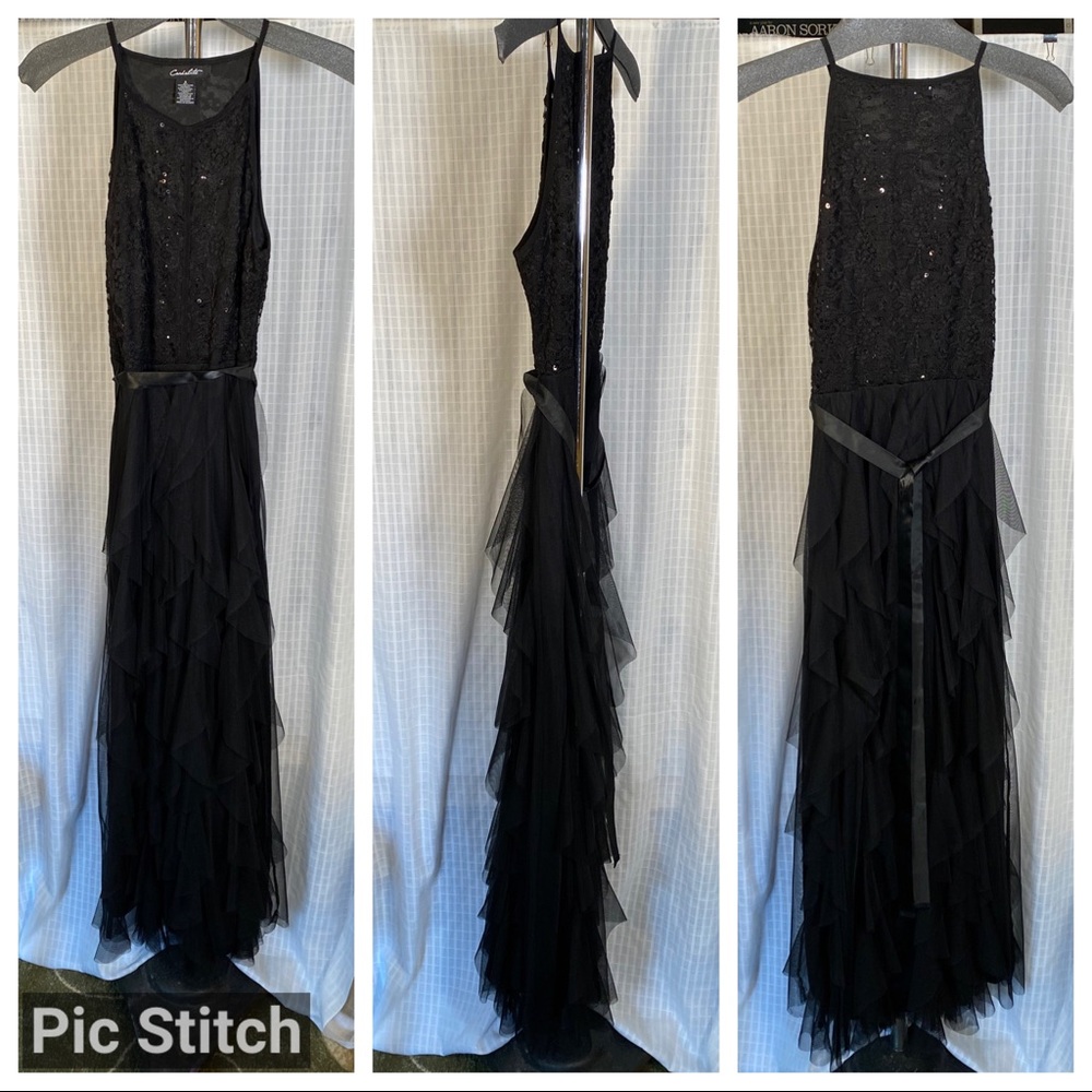Candalite Formal Prom Dress Black Sequins Tulle Skirt Belted Size Small